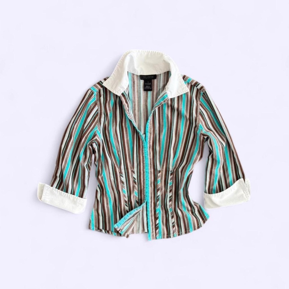 Vintage Y2K The Limited Striped Deep V Hook Closure Shirt Contrast Collar Cuffs